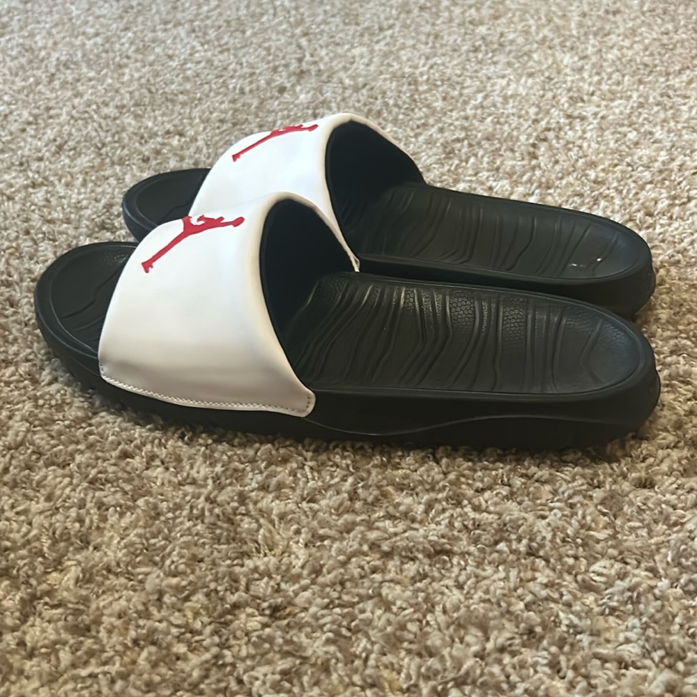 Red and White Jordan Slides